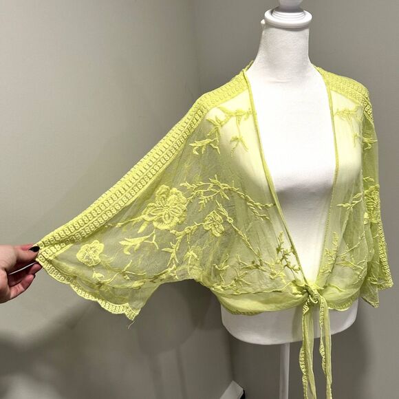 Rachel Zoe Tie Front Neon Yellow Lace Kimono/Cover Up - Picture 2 of 4